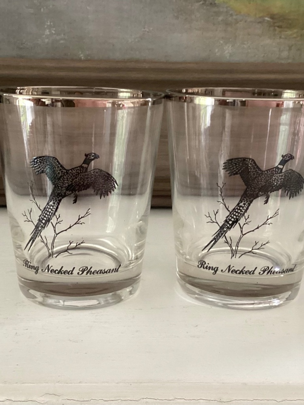 2 Federal Glass Tumblers Sportsman Ring Neck Pheasant platinum Rim MCM Barware
